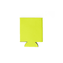 A bright green neoprene stubby cooler with a cutout base, featuring a simple design and a logo.