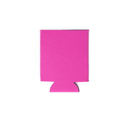 A pink neoprene stubby cooler, designed to fit around drink bottles, with a simple shape and a logo on it.