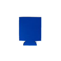 A blue neoprene stubby cooler, collapsible, with a bottom cutout. The item includes a logo.