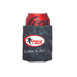 A drink can is nestled in a black stubby cooler featuring a logo and a textured design.