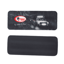 A drink bottle cooler featuring a black textured back and a front design with an image and logo.