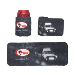 A drink bottle cooler in black featuring a logo, with a can and two stubby holder variations.