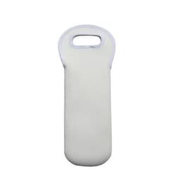 A drink bottle holder in white neoprene with a handle, featuring a simple design. It includes a logo.