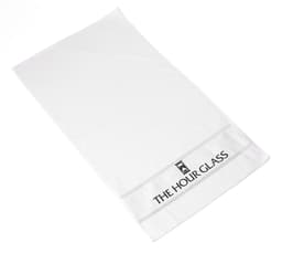 A white gym towel featuring a logo and a simple design, ideal for leisure and outdoor activities.