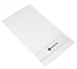 A white cotton gym towel featuring a logo. It is soft and suitable for leisure and outdoor activities.
