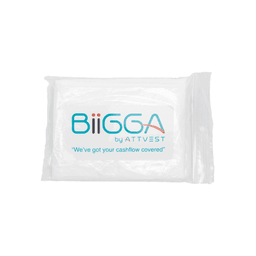 A clear plastic pouch containing a white item, featuring a logo and text in blue and turquoise.
