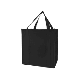A black tote bag with sturdy handles and a simple design. Features a logo on the front.