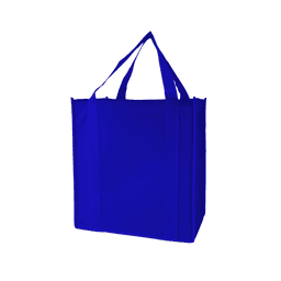 A blue tote bag with two handles and a large opening, featuring a logo.