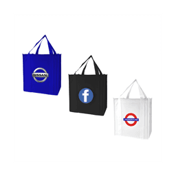 Three tote bags in blue, black, and white, each featuring a different logo on the front.