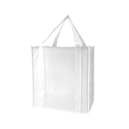 A white tote bag with sturdy handles and a spacious design. It features a logo on one side.