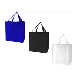 A blue, black, and white Zefa tote bag with dual handles and a simple design. Each bag features branding.