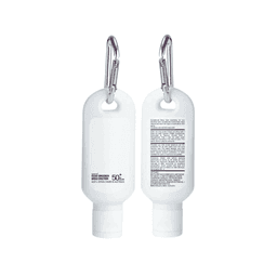 A white 30ml SPF 50 sunscreen lotion with a carabiner attachment, featuring a logo and text on the packaging.