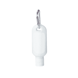 A white 30ml sunscreen lotion bottle with a carabiner attached for easy carrying.