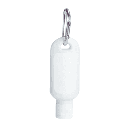 A white 60ml SPF 50 sunscreen lotion bottle with a carabiner attached. Features a smooth design and screw cap.