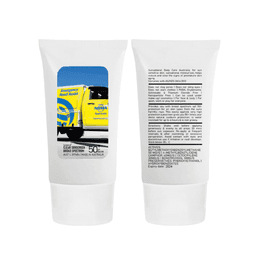 A white tube of 100ml SPF50 sunscreen lotion with a logo, displaying sunscreen information on the back.