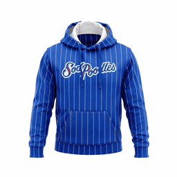 A blue hooded jumper featuring vertical stripes and a front kangaroo pocket. It has a logo on the front.