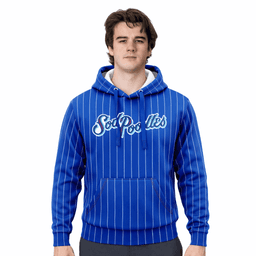 A blue striped hoodie with a front pouch pocket and a logo, featuring a drawstring hood.