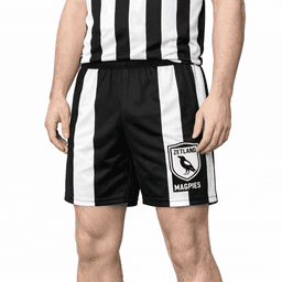 A pair of black and white sports shorts featuring a logo on the side and a striped design.