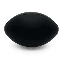 A black football-shaped stress ball with a smooth surface. It features a logo on one side.