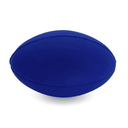 A blue football-shaped stress ball with a smooth surface and a rounded design. It features a logo.