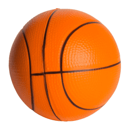 An orange basketball-shaped stress ball featuring a textured surface and seam detailing.