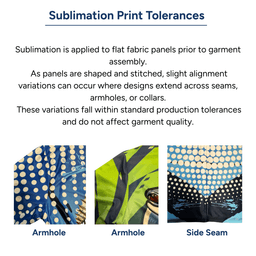 Three images of fabric panels showcasing sublimation print tolerances, featuring vibrant colours and various patterns.