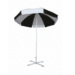 A beach umbrella featuring a black and white canopy with a sturdy white pole and a cross-shaped base.