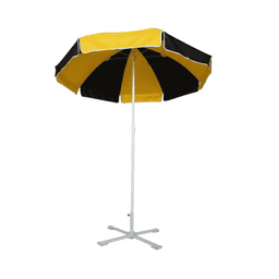 A beach umbrella with a yellow and black striped canopy and a silver metal frame. It has a logo on the base.