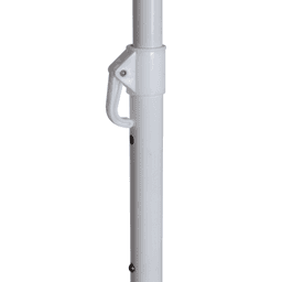 A white beach umbrella pole featuring a hook attachment and adjustable height mechanism.