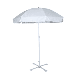 A white beach umbrella with a sturdy white pole and a four-legged base, suitable for outdoor leisure.