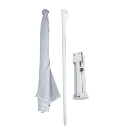 A grey beach umbrella with a white pole and a compact folding base, featuring a branding logo.