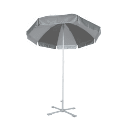 A grey beach umbrella with a sturdy white frame and a cross base for support. It features multiple panels for shade.