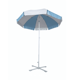 A beach umbrella with a blue and white striped canopy, featuring a sturdy white pole and base.