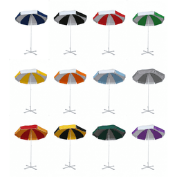 A collection of beach umbrellas in various colours, each featuring a sturdy base and a striped canopy design.