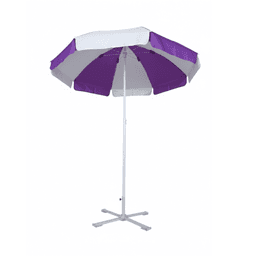A beach umbrella with a purple and white canopy, featuring a sturdy white pole and a cross base.