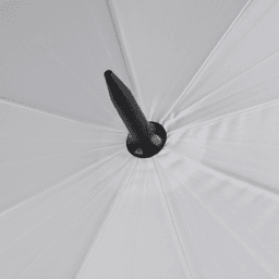 A white golf umbrella with a black handle, showcasing the underside and structure of the umbrella.