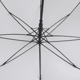 A black-framed umbrella with a white canopy, displaying the internal structure and ribs of the umbrella.