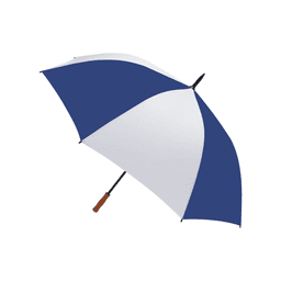 A navy and white golf umbrella with a curved wooden handle and a black shaft. It features a logo on the canopy.