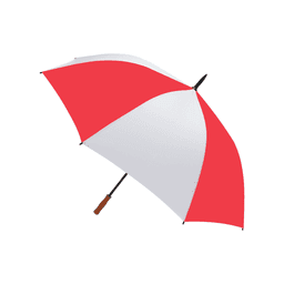 A golf umbrella in red and white with a wooden handle and a branding logo.