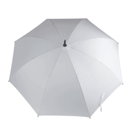 A white golf umbrella with a central pole and a black handle. It features an umbrella design and has a logo.