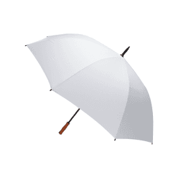 A white golf umbrella with a black frame and a wooden handle, featuring a logo on the canopy.