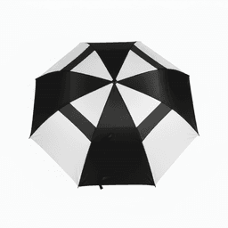 A black and white golf umbrella with a geometric design and a handle, featuring a logo.