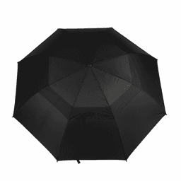 A black golf umbrella with an octagonal shape and a central handle, featuring a logo.