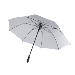 A large white golf umbrella with a black handle and frame, featuring a sturdy design for outdoor use.