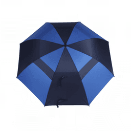 A blue and navy golf umbrella featuring a logo, designed for protection from rain and sun.