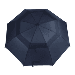 A navy golf umbrella with an octagonal shape and a black handle, featuring a logo on the canopy.