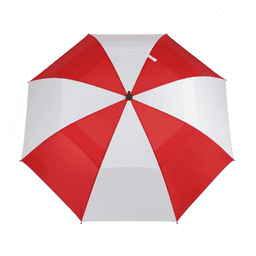 A golf umbrella featuring alternating red and white panels, with a central opening mechanism and a logo.