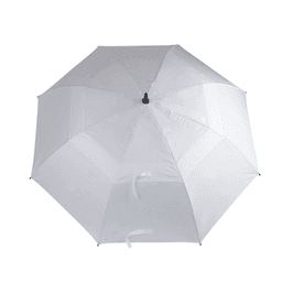 A white golf umbrella featuring a black handle and a logo, designed for outdoor use.
