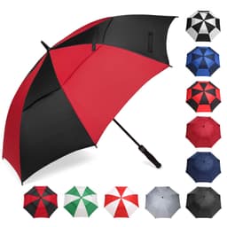 A large red and black golf umbrella with a sturdy handle, surrounded by various other umbrella colours and designs.