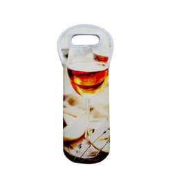 A drink bottle holder in a light colour featuring a design of a glass of wine, with a handle and a logo.